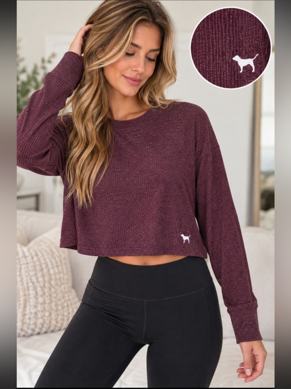 PINK Victoria’s Secret Maroon Ribbed Long Sleeve Cropped Top XS